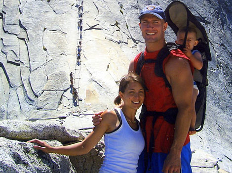Jamie, Eric, and child climbing Half Dome in Yosemite